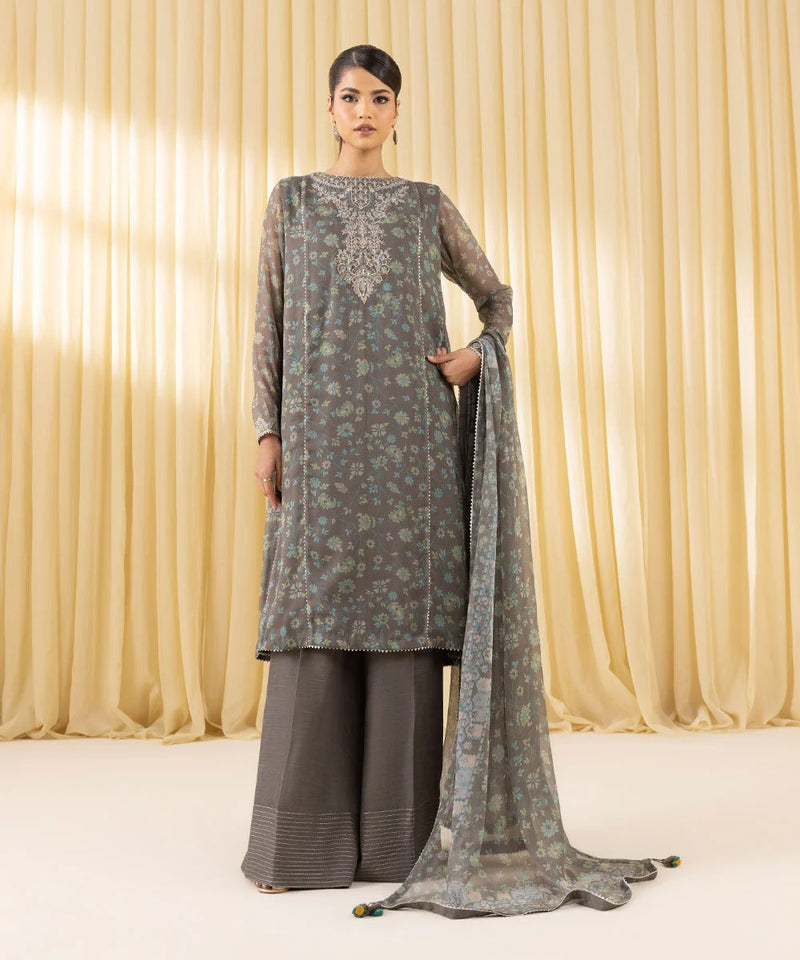 3 Piece - Embroidered Chiffon Suit