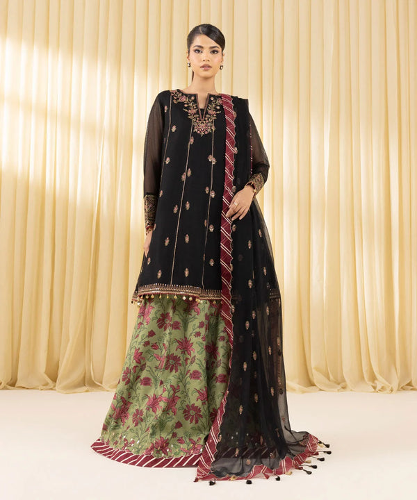 3 Piece - Embroidered Blended Net Suit
