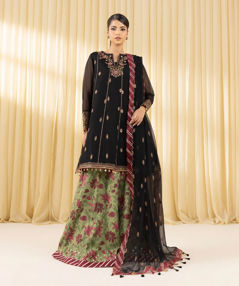3 Piece - Embroidered Blended Net Suit