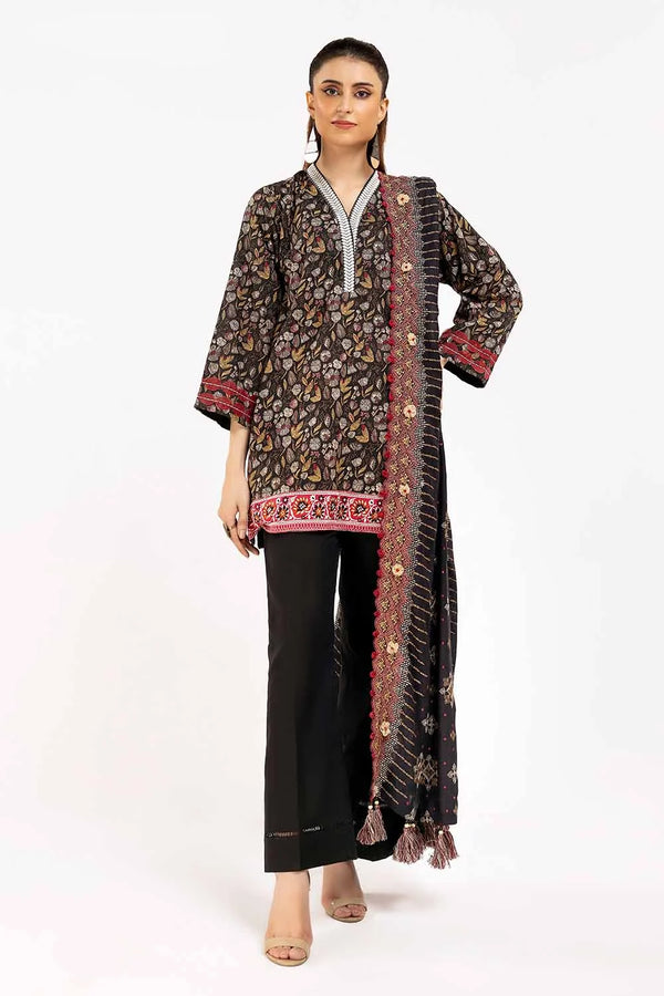 3 Piece Unstitched Printed Khaddar Suit with Embroidered Twill Cotton Linen Dupatta