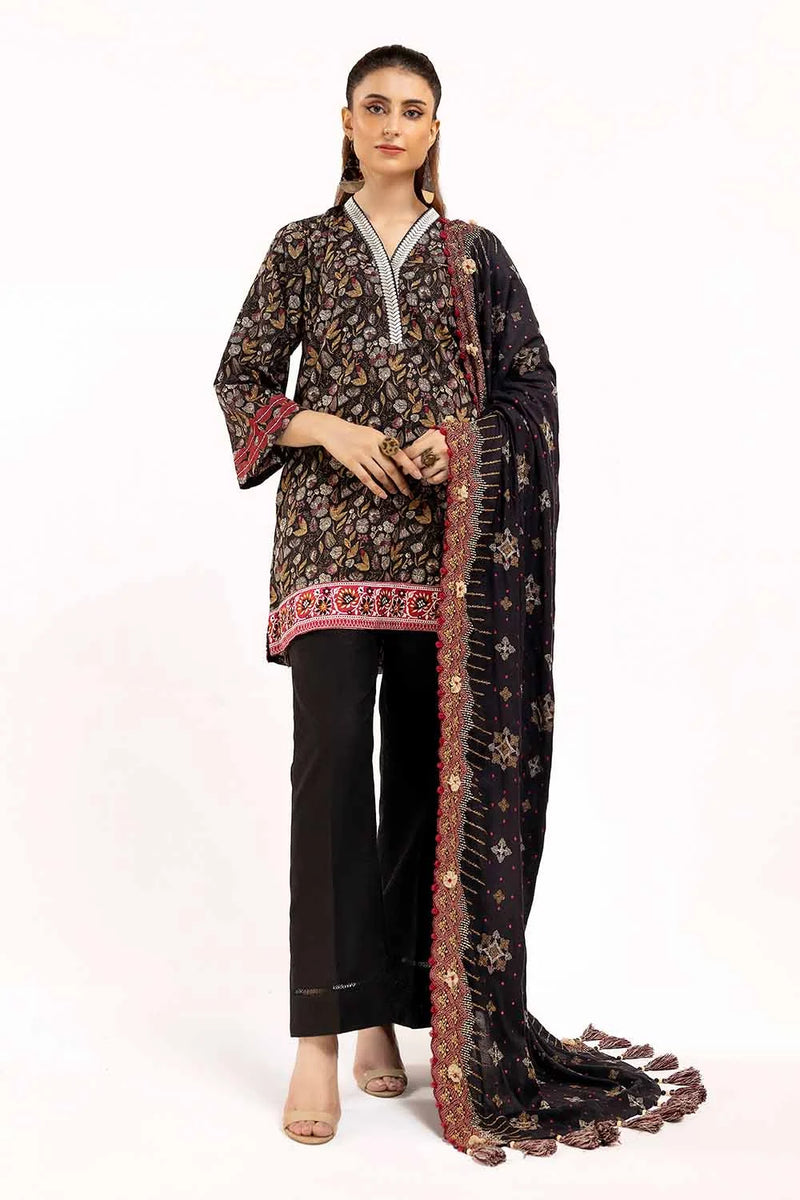 3 Piece Unstitched Printed Khaddar Suit with Embroidered Twill Cotton Linen Dupatta