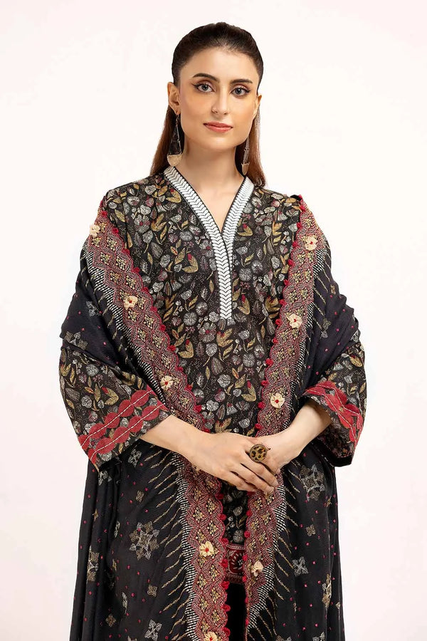 3 Piece Unstitched Printed Khaddar Suit with Embroidered Twill Cotton Linen Dupatta